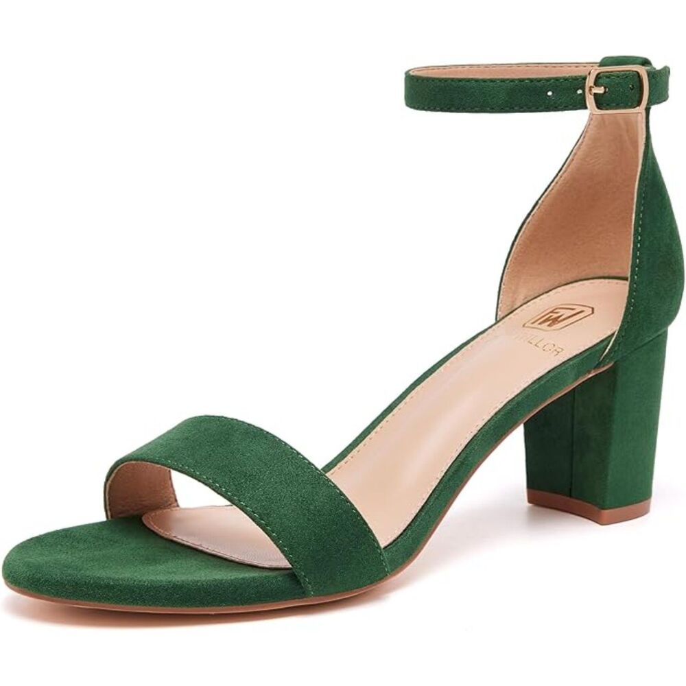 Women's Green Open Toe Ankle Strap Low Chunky Short Heels Wedding Pumps Shoes